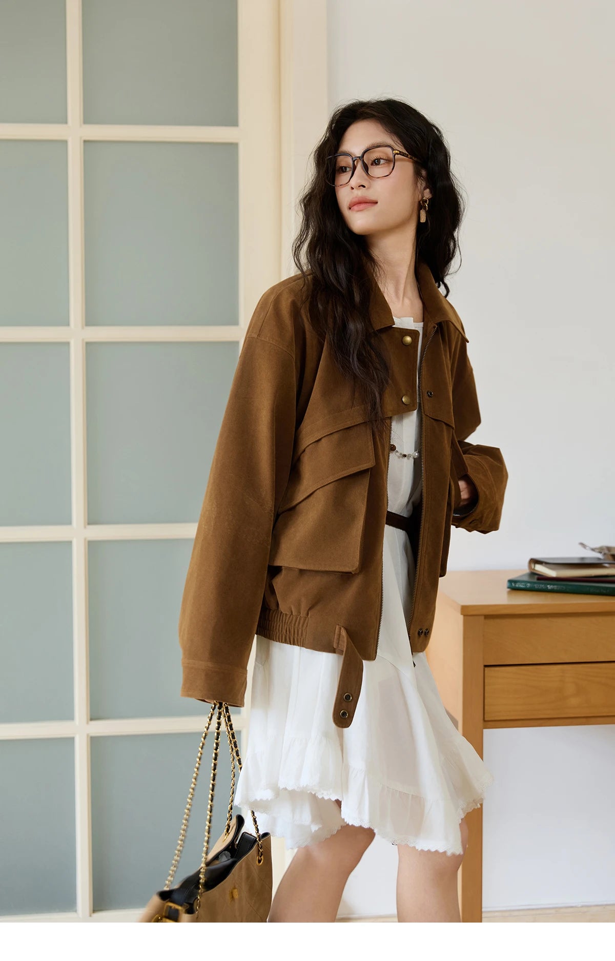 MISHOW Suede Retro Brown Jacket for Women Autumn Winter 2025 Pocket Zipper Loose Coats Lapel Wide-waisted Casual Coat MXE46W0866