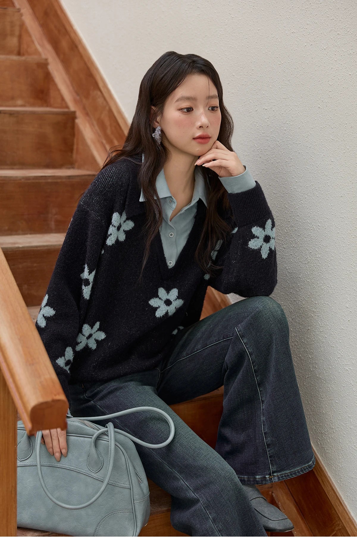 MISHOW Dark Blue Fake Two-piece Pullovers for Women 2025 Autumn Winter New Turn-down Collar Flower Pattern Sweater MXE51Z2554