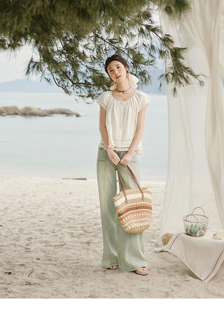 MISHOW Embroidered French Shirt Women Summer 2025 Short Sleeve Round Neck Solid Blouses Female Fashion New Tops Lady MXE33X1744