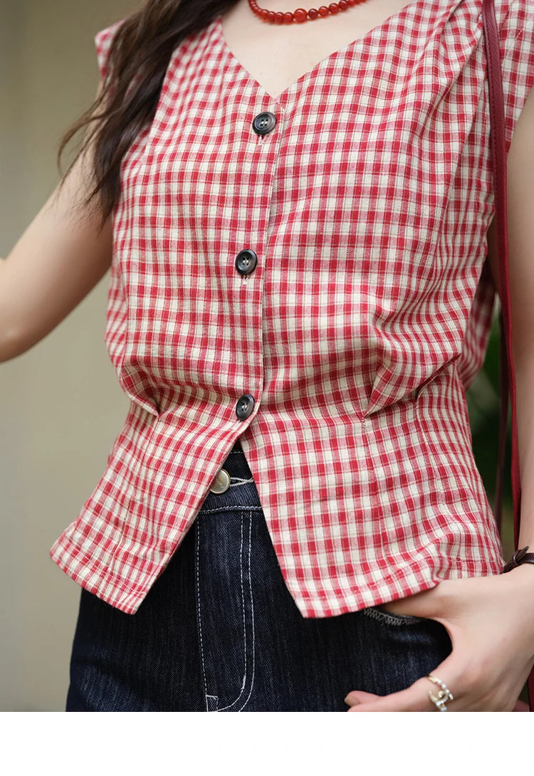 MISHOW Women's Fashion V-neck Shirt 2025 Summer New Plaid Ladies Red Button Shirt Casual Retro Top Female Clothing MXE37X1921
