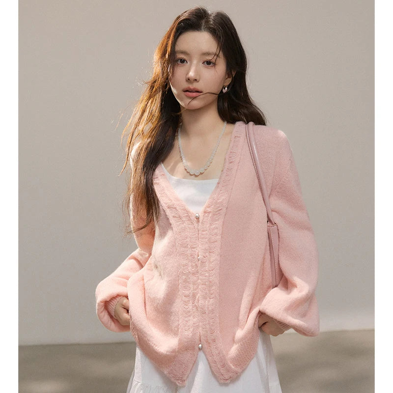MISHOW Women's Pink Sweet Knit Cardigan 2026 Spring V-Neck Ruffled Trim Pearl Button Cardigans Loose Knitted Sweater MXF108Z1028