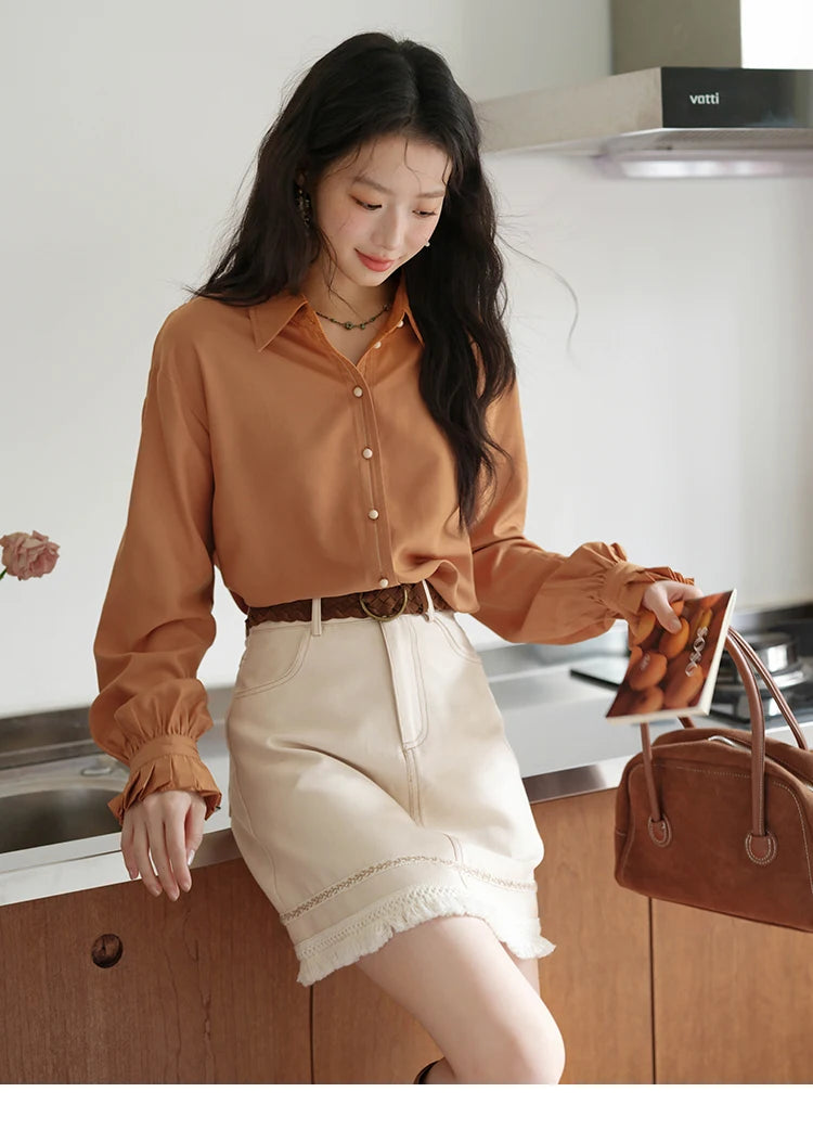 MISHOW Women's Shirts 2025 Autumn Color Blocking Buttons Pleated Cuffs Loose Top Female Solid Lapel Commuting Shirts MXE41C2352