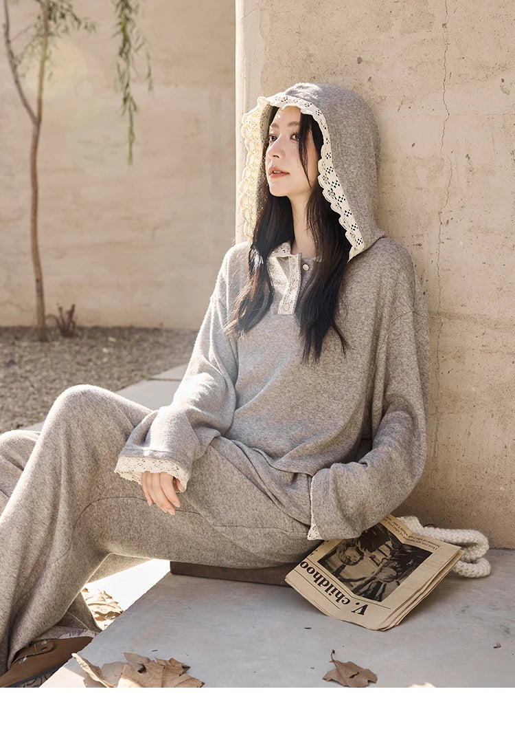 MISHOW Women's Sweatshirt Wide Leg Pants Separately 2025 Fall Winter Lace Splicing Hooded Casual Elastic Waist Pants MXD34V0098