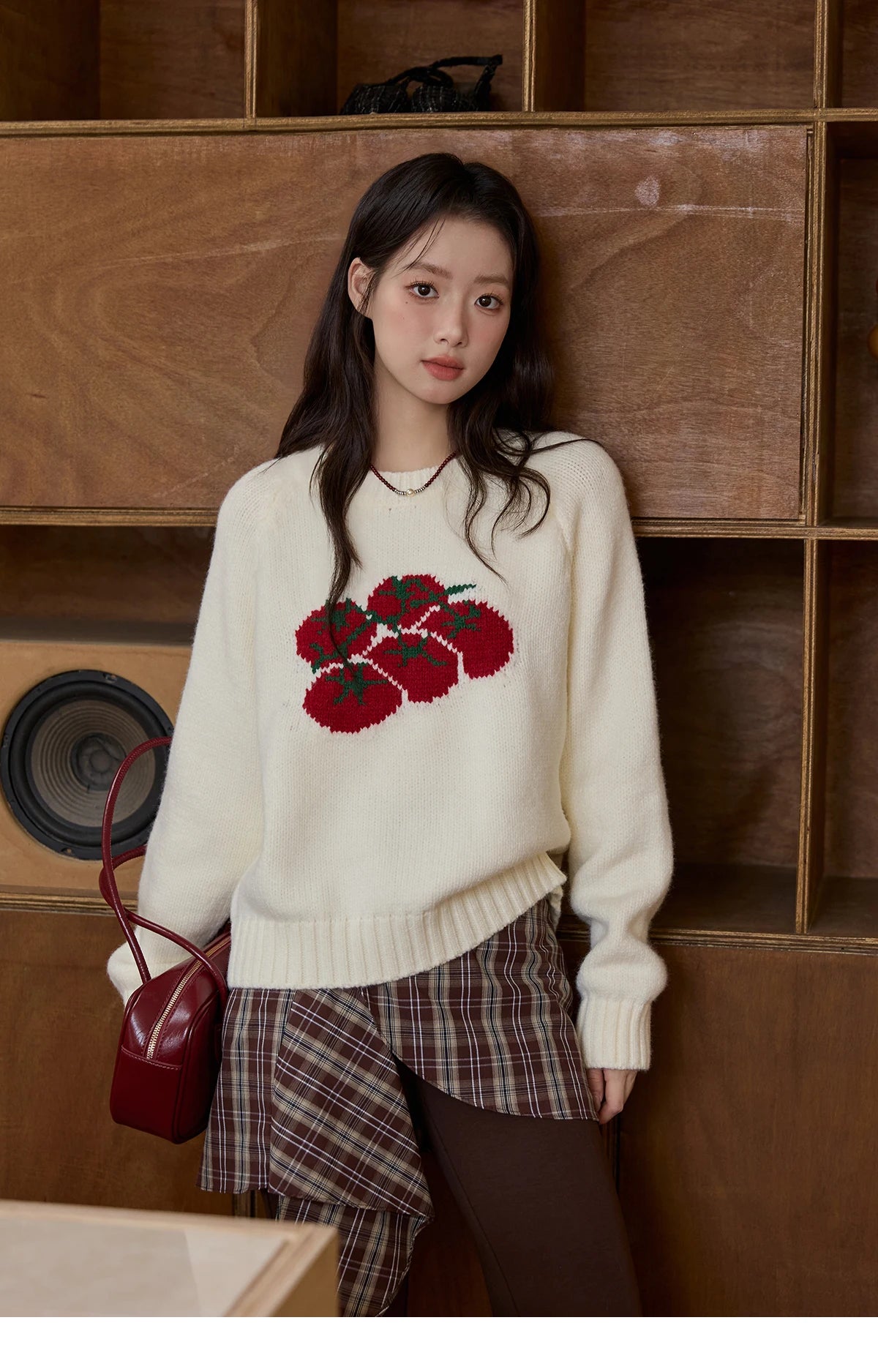 MISHOW Women's Off-white Sweater 2025 Winter new Tomato Jacquard Long-sleeved Sweater Loose Casual Knitted Pullover MXE51Z2692