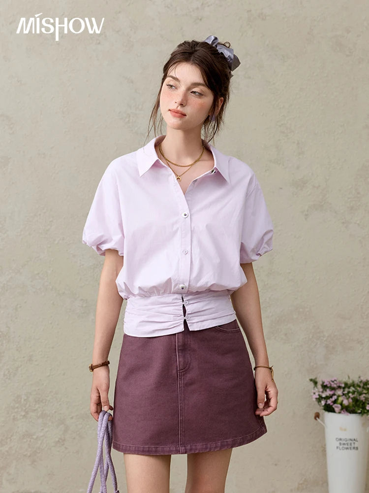 MISHWO Office Lady Solid Blouses Women Summer New 2025 Short Sleeve Turn-down Collar Purple Cotton Shirts Female Thin MXE32X1794