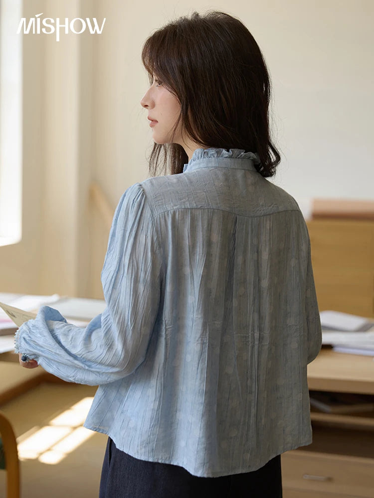 MISHOW Women's Shirt 2025 Autumn Blue Polka Dot Chiffon Loose Shirt Stand Collar Double Row Buckle Lantern Sleeve Top MXE41X1926