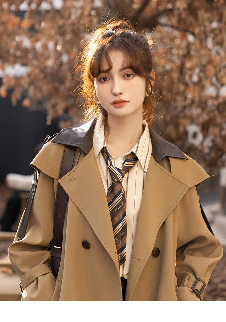 MISHOW Trench Coats for Women Autumn Korean Office Lady Polo Collar Patchwork Long Mid-length Jacket Female Outerwear MXB33W0399