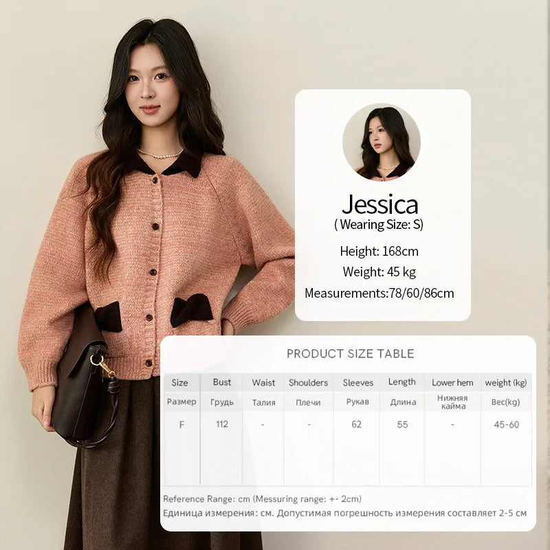 MISHOW Women's Pink Knitted Cardigan Autumn Winter Contrast Collar Bow Pocket Top Single-breasted Loose Warm Sweater MXE94Z2957