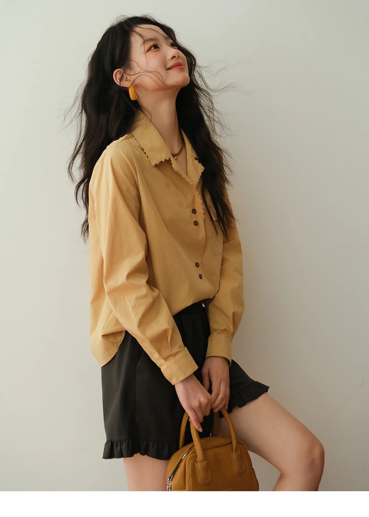 MISHOW Women's Retro Yellow Lapel Cotton Shirt 2025 Autumn Loose Casual Top Contrasting Button with Pocket Shirts MXE41C2356