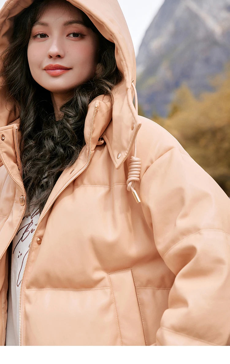 MISHOW Women's Winter Down Jacket 2023 Hooded Short White Duck Down Coats Imitation Protein Leather Puffer Jackets MXC52Y0008