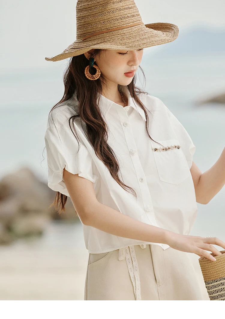 MISHOW Casual Summer Blouses Women 2025 New Short Puff Sleeve Turn Down Collar Shirt Female Fashion Shell Ribbon Tops MXE33C0773