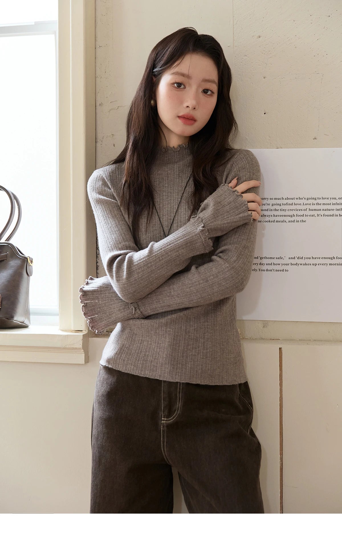 MISHOW Women's Long Sleeve Top 2025 Autumn New Casual Solid Turtleneck Slim Knit Wood Ear Edge Trumpet Sleeve Top MXE51Z2552