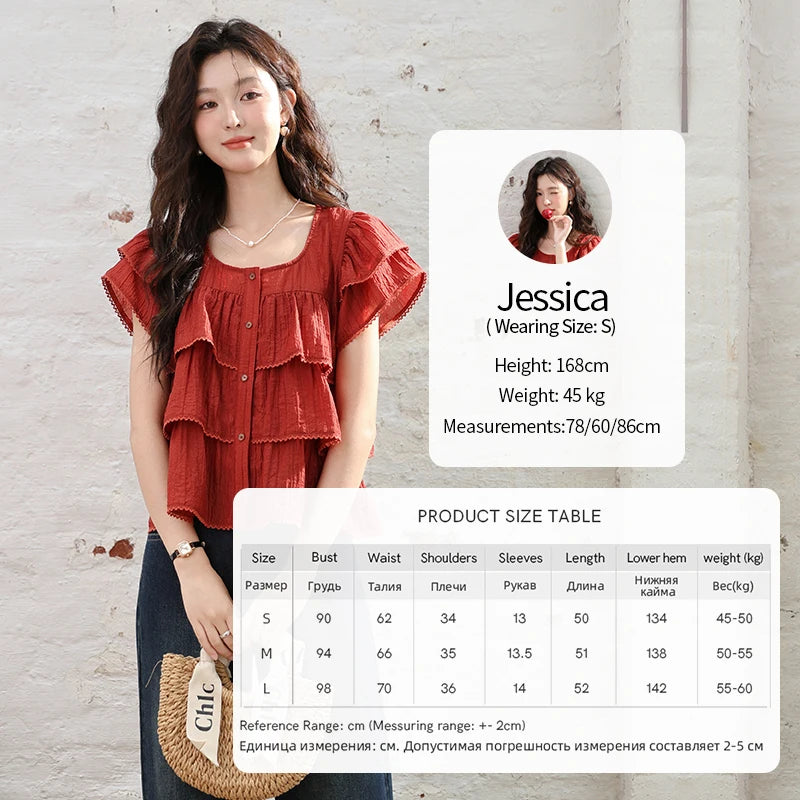 MISHOW Women's French Square Collar Blouses 2024 Summer Retro Red Ruffle Lace Cake Top Puff Sleeve Solid Sweet Blouse MXD30X1488