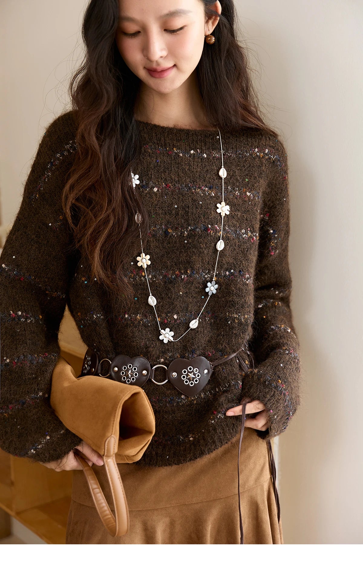 MISHOW Brown Chrysanthemum Yarn Sweaters Women Beltless 2025 Autumn Wool Blend Loose Round Neck Retro Knitted Tops MXE47Z2574