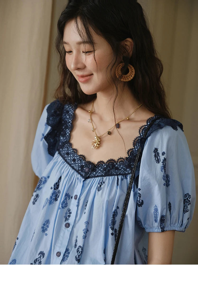 MISHOW Fashion Print Cotton Shirt for Women 2025 Summer New Puff Sleeve Lace Splicing Retro Blue Casual Button Top MXE35X1842