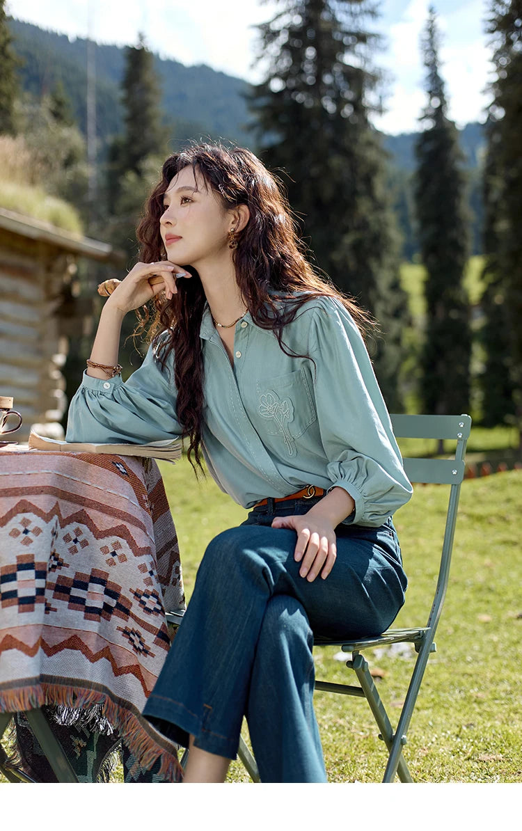 MISHOW Hong Kong Retro Solid Long Sleeve Shirt 2024 Autumn Temperament Loose Tops Lantern Sleeve Embroidery Shirts MXD41C0287