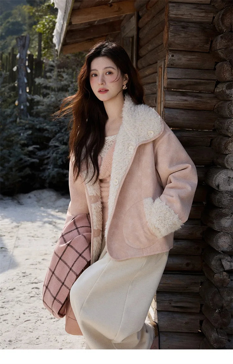 MISHOW Women's Double Sided Wearing Jacket 2025 Winter Lamb Wool Lapel Coat Warm Windproof Commuter Coat with Pockets MXE91W1015