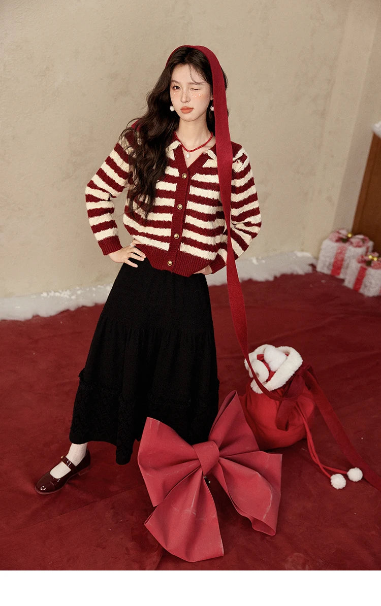 MISHOW Christmas Red Striped Turn Down Collar Cropped Cardigan Thickened Warm Wool Blend Sweater Soft Knitted Tops MXD58Z1038