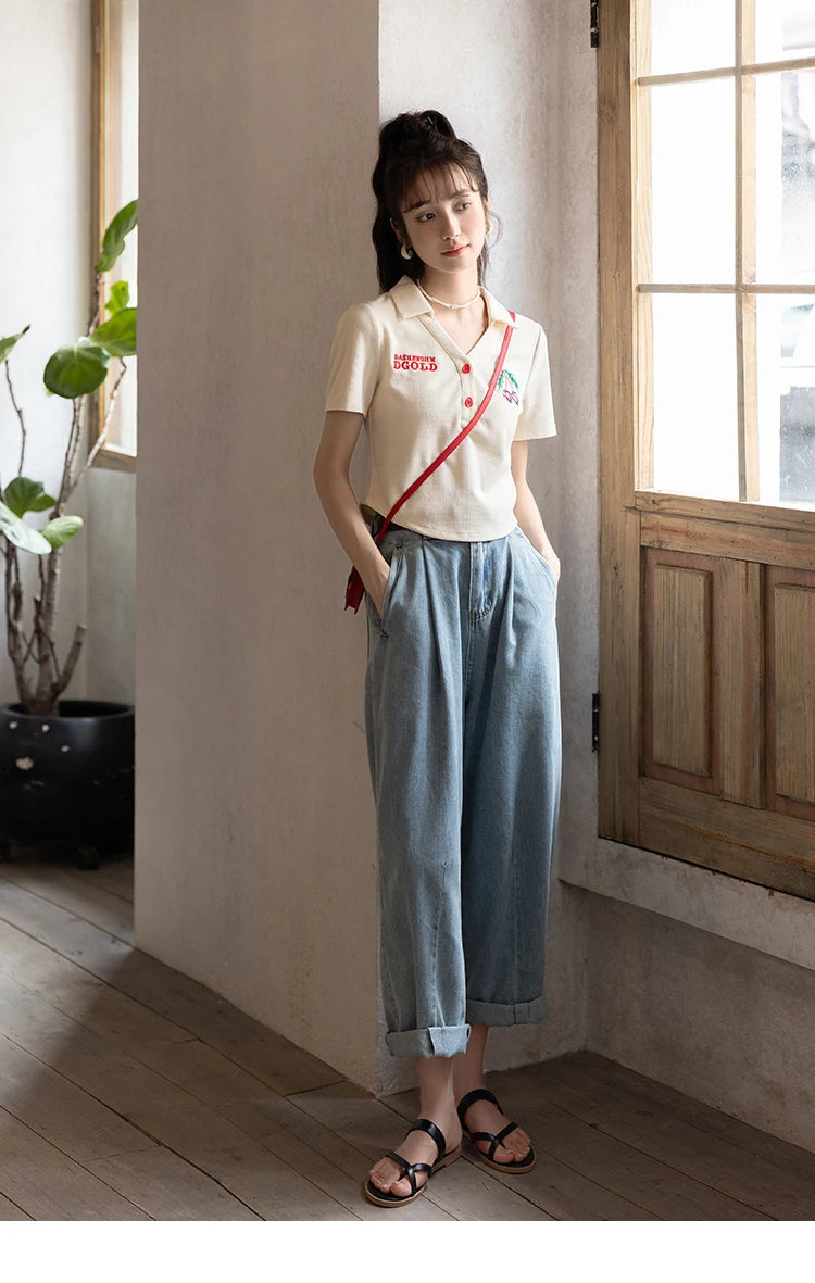 MISHOW Summer T-shirts for Women Korean Fashion Polo Collar Embroidery Letter Short Tops Harajuku Casual Solid Tees MXB32T0477