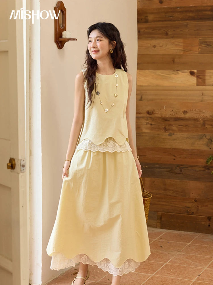 MISHOW Set 2 Piece 2025 Summer Women's O-Neck Lace Patchwork Sleeveless Top Elastic Waist Midi Skirt Elegnat Set MXE36T0641