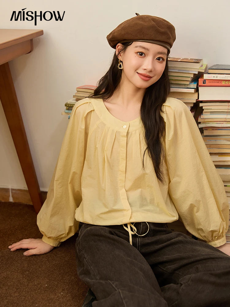 MISHOW Light Yellow Pleated Shirt 2025 Autumn Drawstring Hem Lantern Sleeve Top O-neck Cotton Blend Casual Shirts MXE45X2490