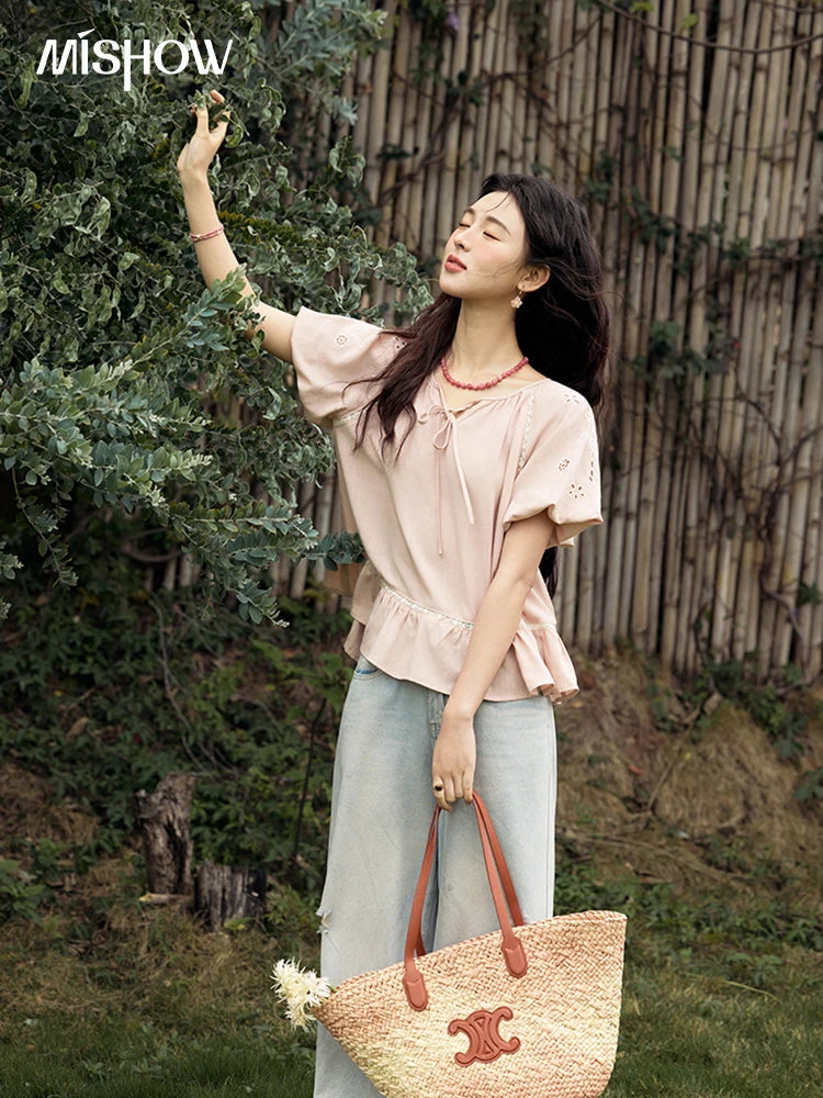 MISHOW French Summer Blouse Women 2025 Short Puff Sleeve Round Neck Solid Hollow Embroidery Shirts Woman Holiday Thin MXE31X1747