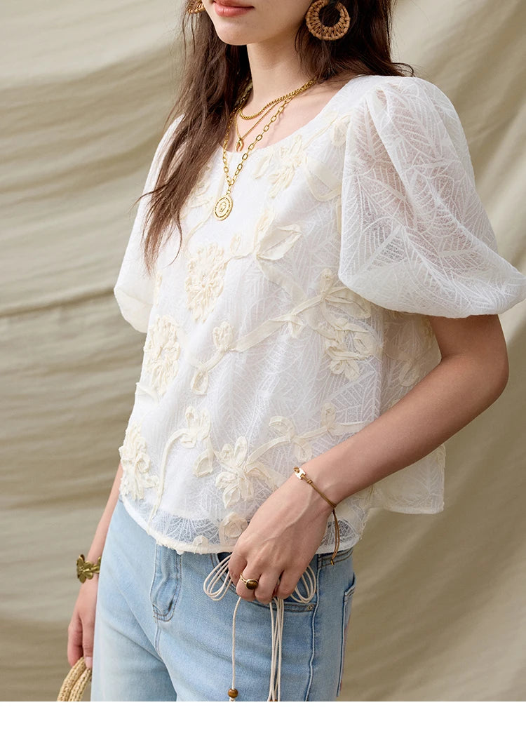 MISHOW French Summer Blouses Women New 2025 Short Puff Sleeve Round Neck Jacquard Flower Slim Shirts Woman Versatile MXE32X1772