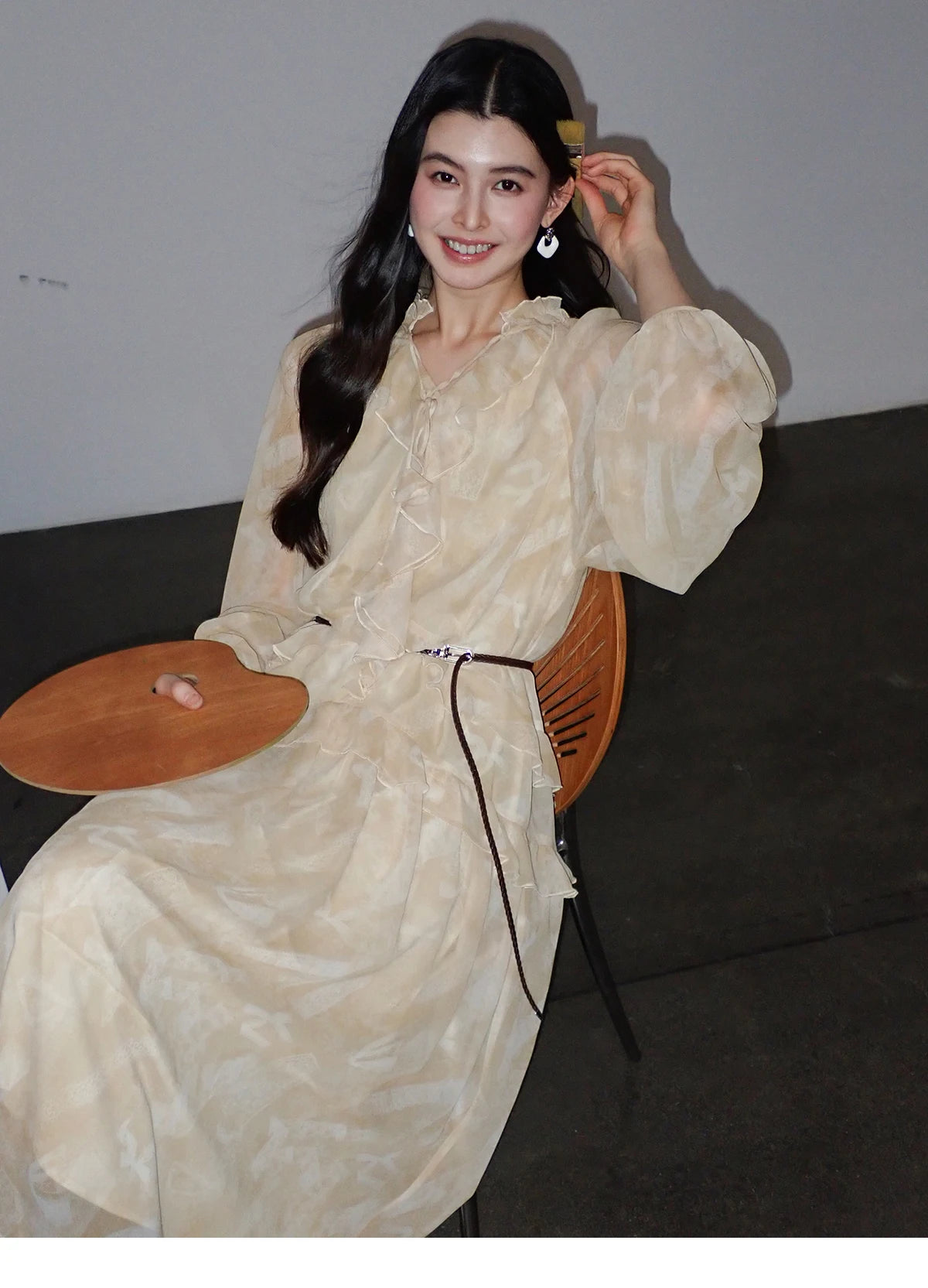 MISHOW Light Yellow Chiffon Maxi Dress 2026 Spring V-Neck Ruffled Belted Floral Print Casual Long Sleeve Dresses MXF11L2554