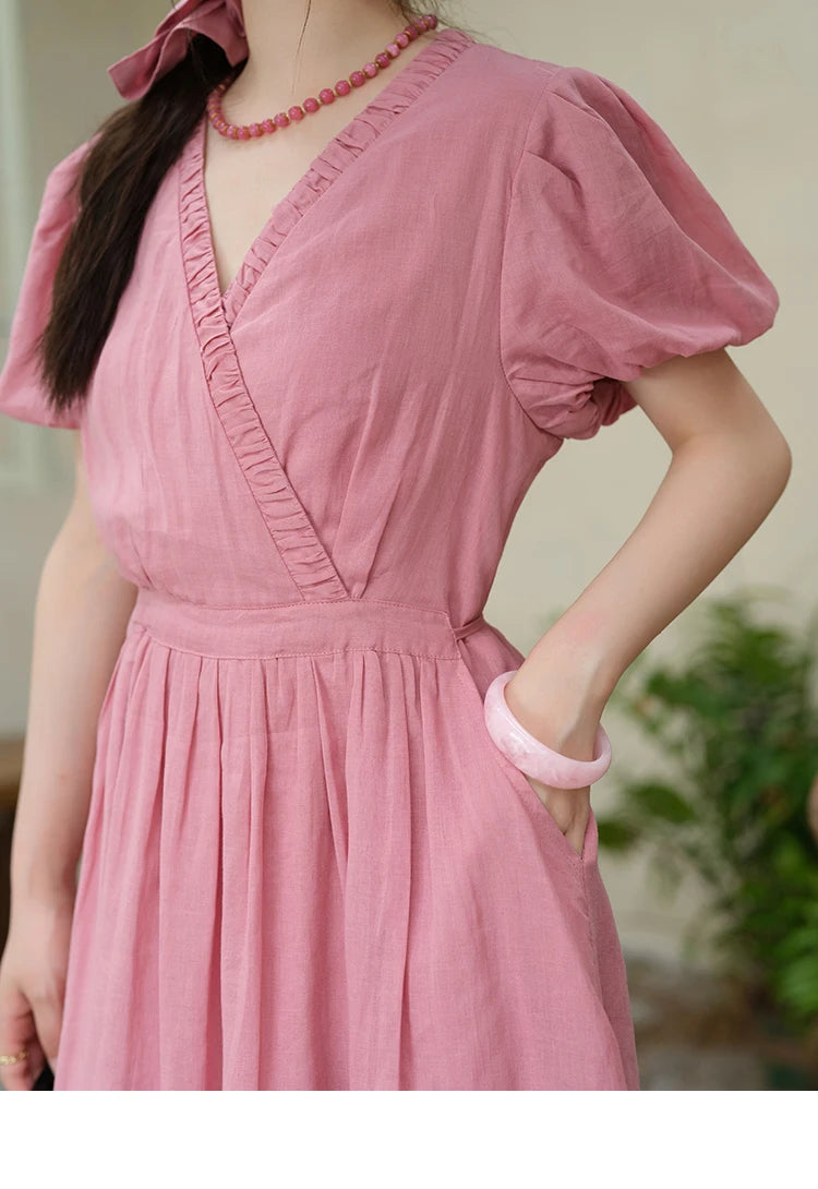 MISHOW Summer Fashion V-neck Dress Woman 2025 New Puff Sleeve Sashes Elegant Pocket Vacation Dresses Ladies Clothing MXE39L2381