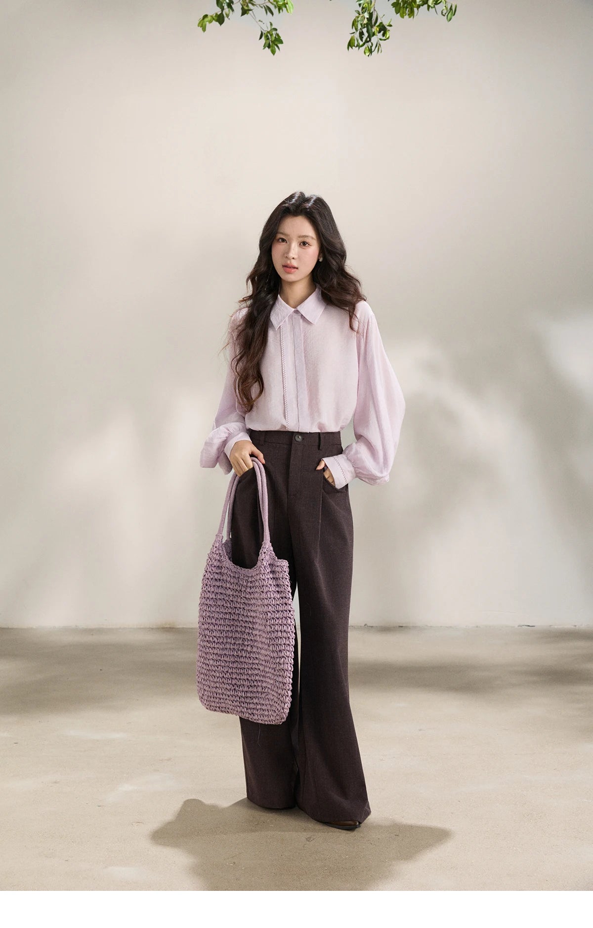 MISHOW Women's Lapel Lantern Sleeve Shirts 2026 Spring Lace Trim Casual Loose Breathable Solid Shirt Office Lady MXF13C2436