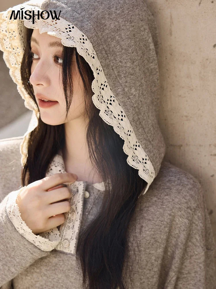 MISHOW Women's Sweatshirt Wide Leg Pants Separately 2025 Fall Winter Lace Splicing Hooded Casual Elastic Waist Pants MXD34V0098