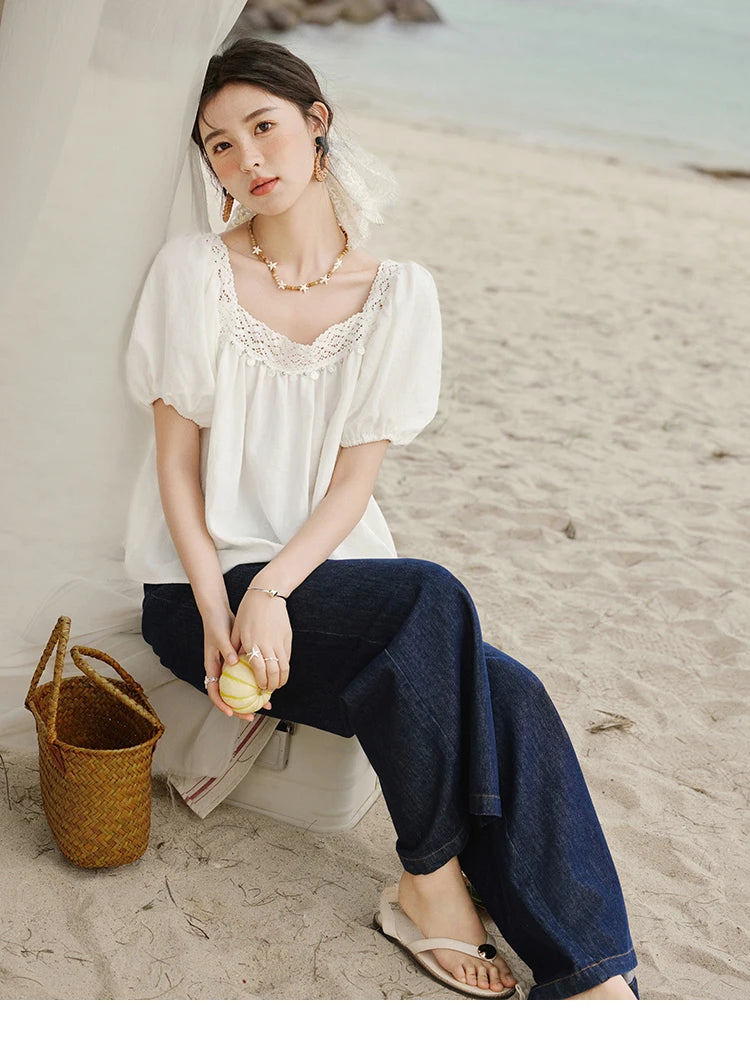 MISHOW French New Shirts Women Summer 2025 Short Puff Sleeve Square Collar Solid Splicing Lace Blouses Female Holiday MXE32X1780