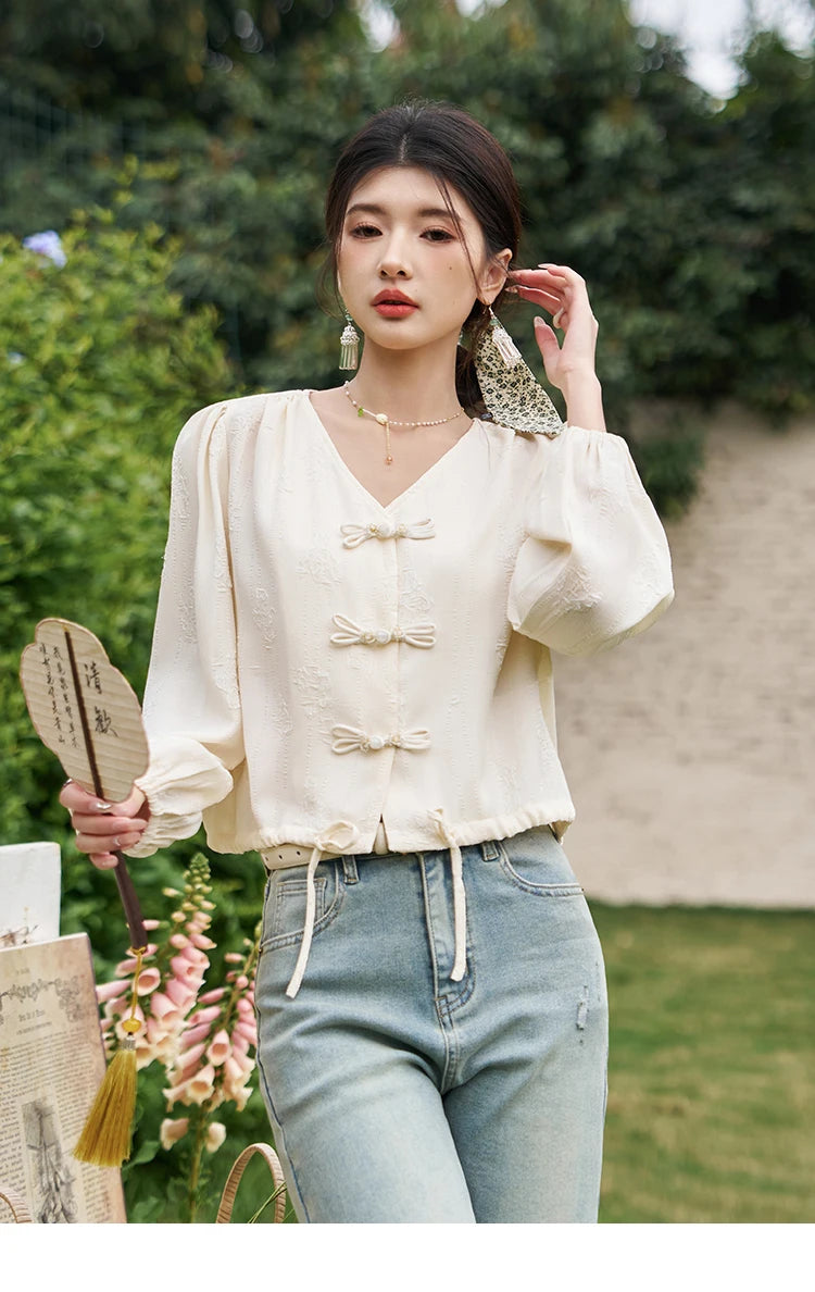 MISHOW Chinese Button Up Single Row Shirt for Women 2024 Spring Jacquard Hem Drawstring Puff Sleeve Solid Loose Top MXD14X1386