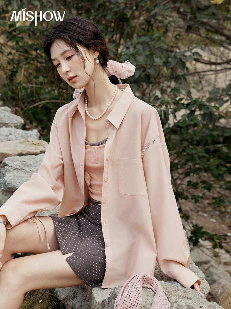 MISHOW Pink Long Sleeve Shirt for Women Spring 2025 Korean Splicing Lace Bow Tie Shirt Polo-neck Solid Versatile Tops MXE16C0767