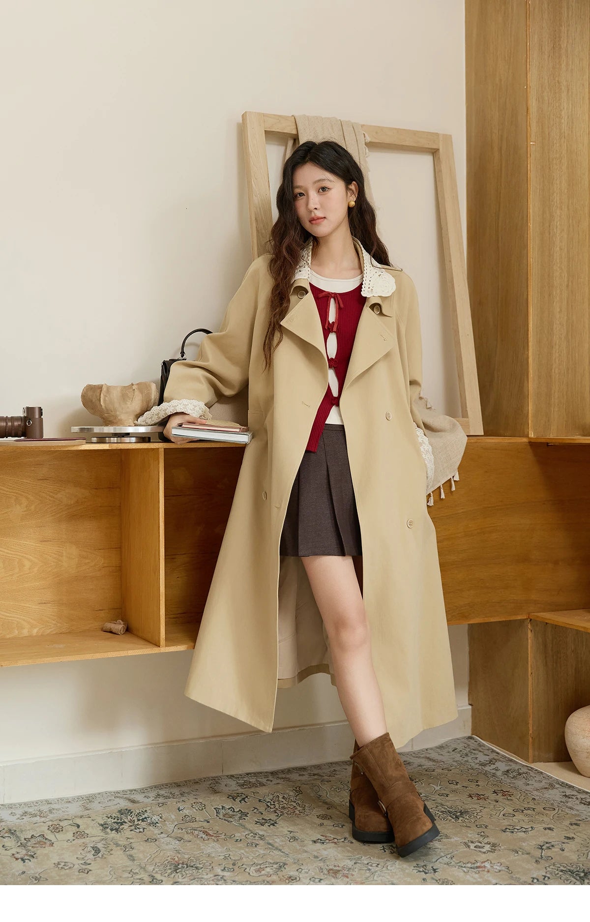 MISHOW Trench Coat Women 2025 Autumn Fashion Light Khaki Lace Long Windbreaker Jacket Long-sleeved Coat with Belt MXE45W0830