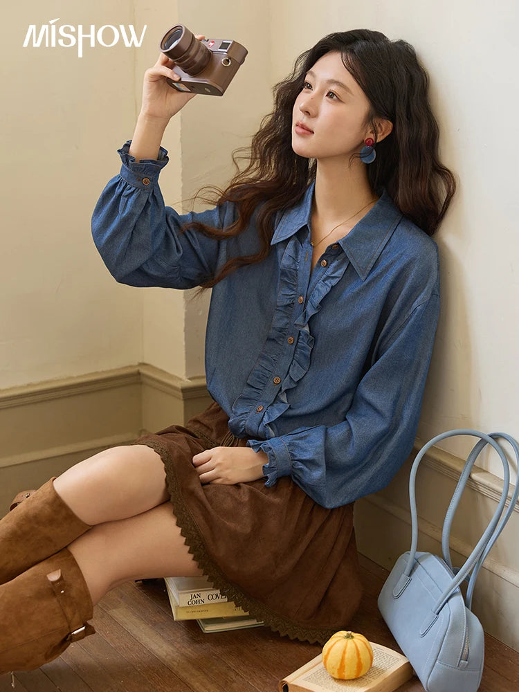 MISHOW Blue Lyocell Imitation Denim Shirt for Women Autumn 2025 Ruffled Placket Contrasting Button Waist Cinc Shirt MXE43C2386