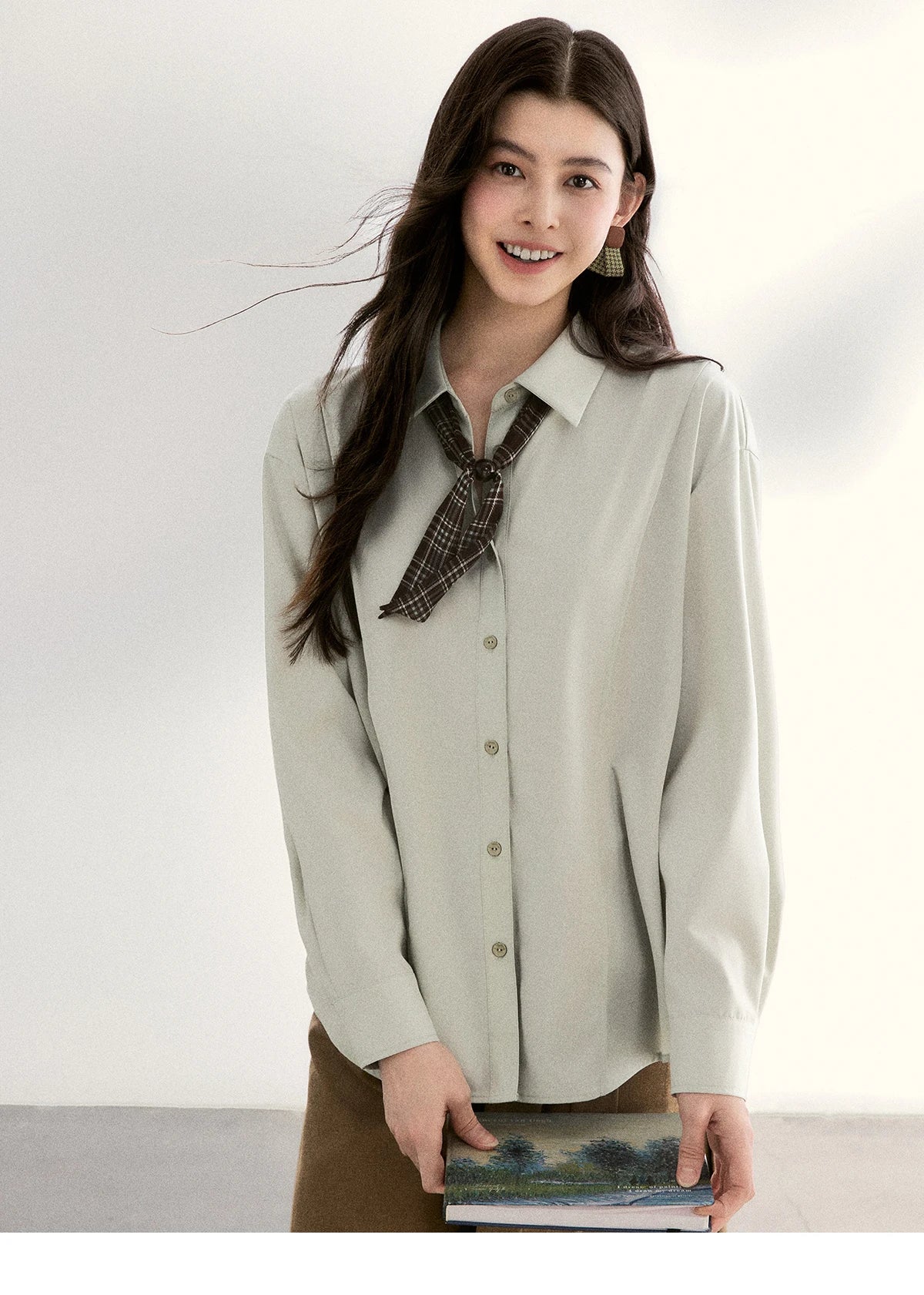 MISHOW Women's Casual Loose Shirt with Plaid Scarf 2026 Spring Lapel Tops Versatile Long Sleeve Shirts Office Lady MXF108C0815