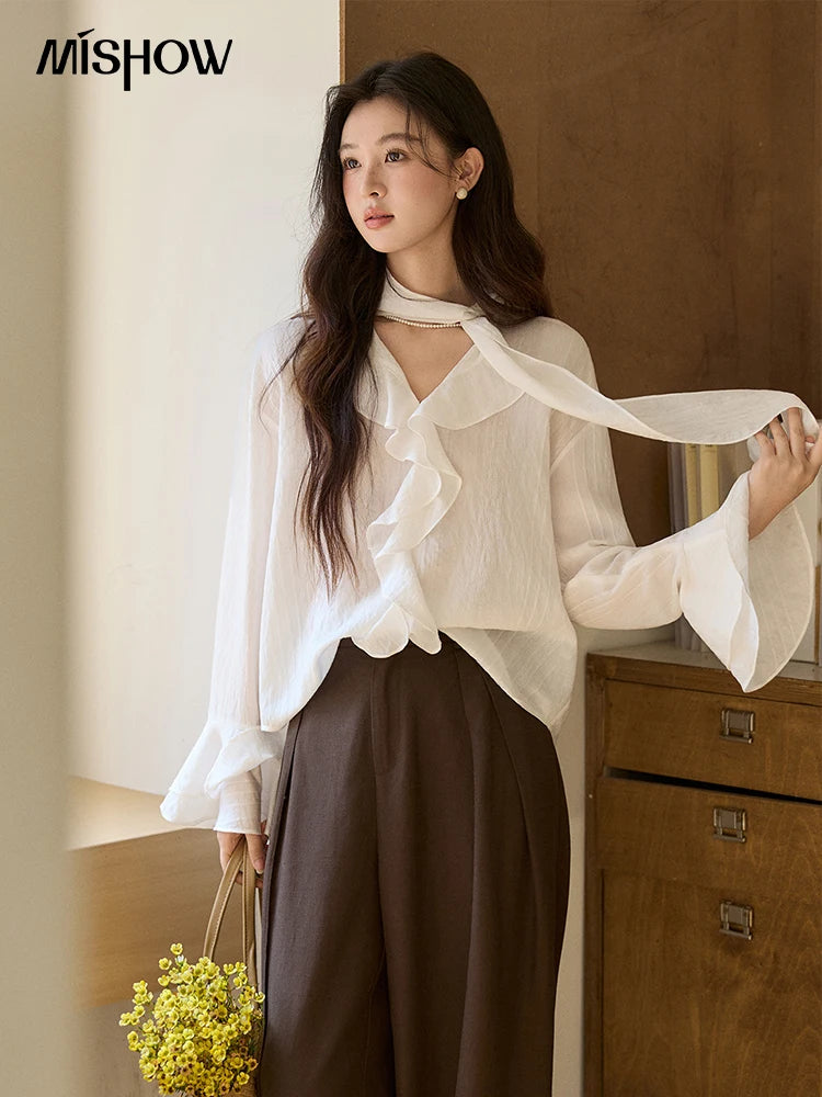 MISHOW Women's Ruffle Trim Chiffon Blouse with Detachable Scarf 2026 Spring Long Sleeve Loose Fit Casual White Top MXF108X0999