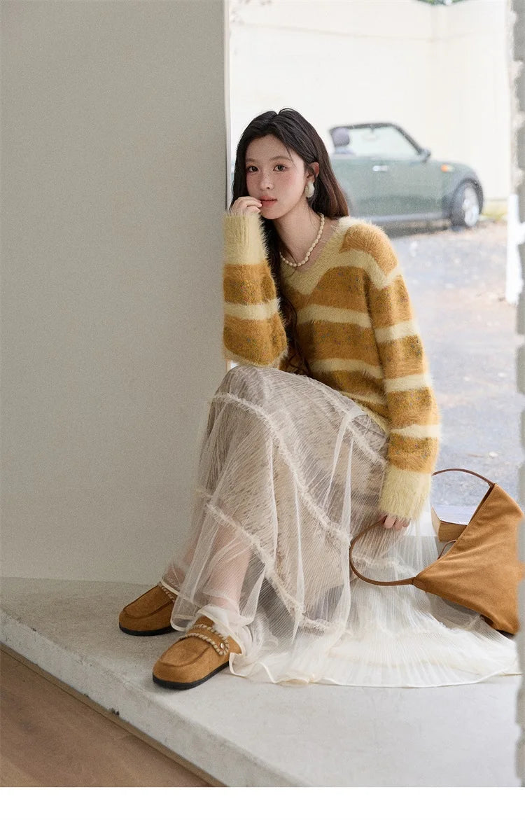 MISHOW Women's V-neck Knit Pullover Retro Yellow Striped Sweater 2025 Casual Faux Mink Jacquard Loose Knit Sweater MXE87Z2766