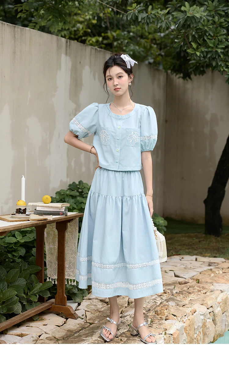 MISHOW Blue Pocket Patchwork Lace Shirt Elastic Waist Skirt Separately 2024 Summer Korean Round Neck Top Sweet Skirts MPD22B0450