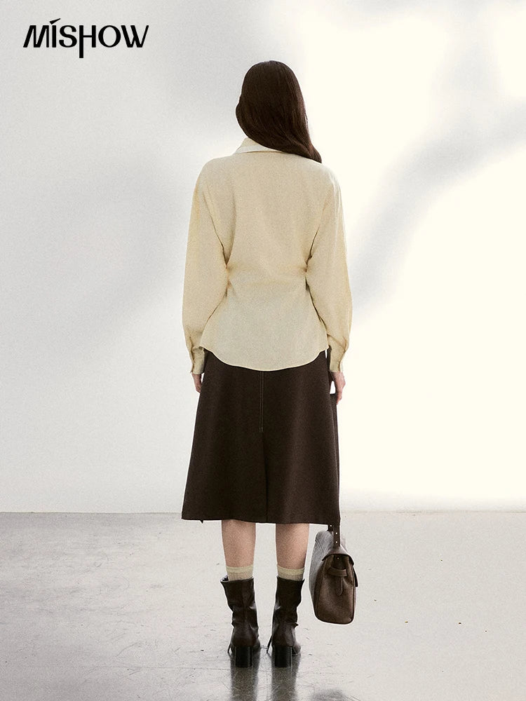 MISHOW Women's Contrast Trim Lapel Collar Shirts 2026 Spring Floral Embroidery Pocket Decor Button Waist Casual Shirt MXF13C2440