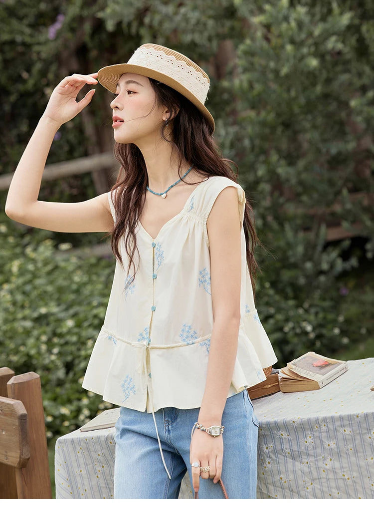 MISHOW Print Sleeveless V-Neck Blouse Blue Flower Cotton MXE32X1777