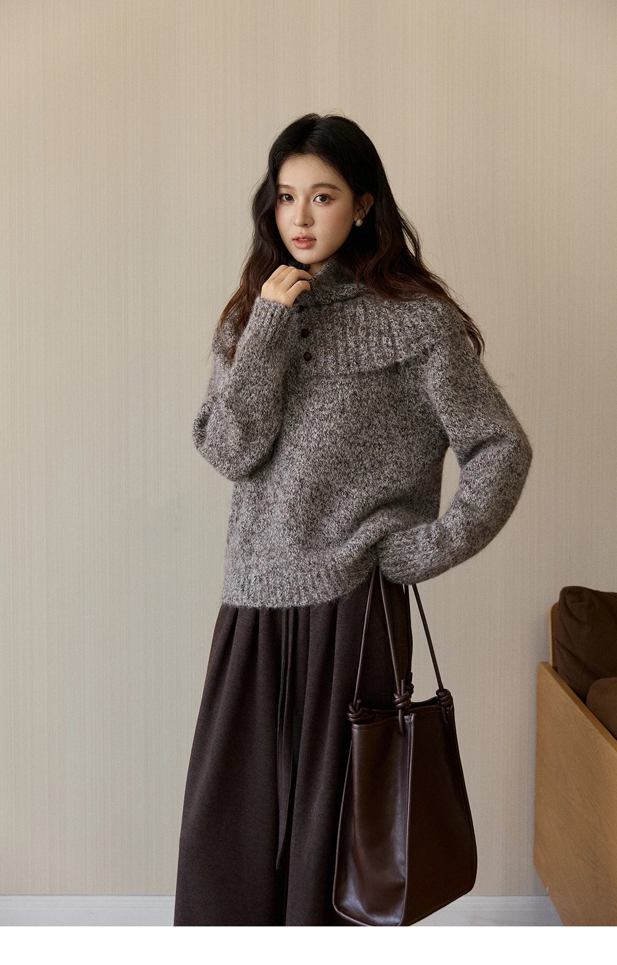 MISHOW Women's Gray Knit Sweater with Neckwear Scarf 2025 Winter Textured Button Decor Loose Warm Pullover Sweater MXE94Z2978