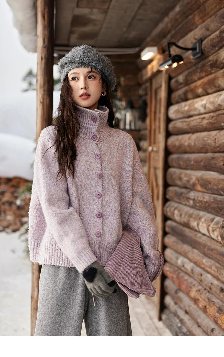 MISHOW Turn Down Collar Wool Blend Sweater Women Solid Single-breasted Tops Thickened Warm Versatile Knitted Cardigan MXD59Z1136