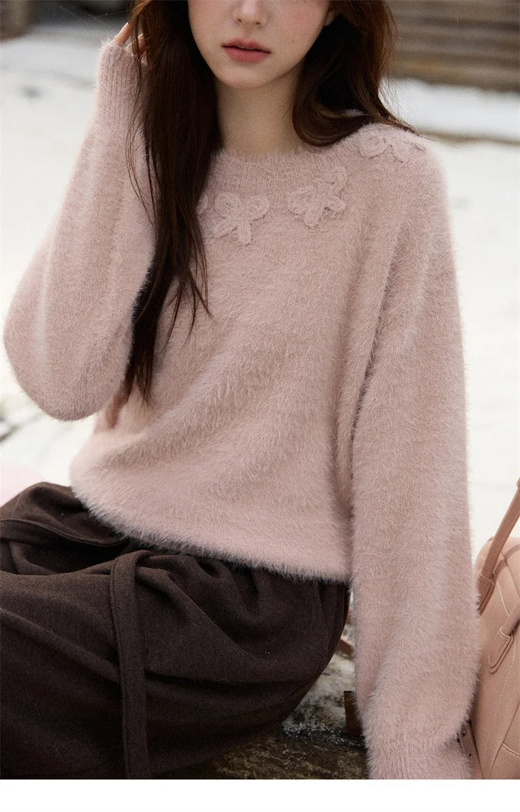 MISHOW Long Sleeve Sweaters 2025 Winter Elegant Loose Handmade Crochet Bowknot Sweater Women's Casual Knitted Top MXE87Z2679