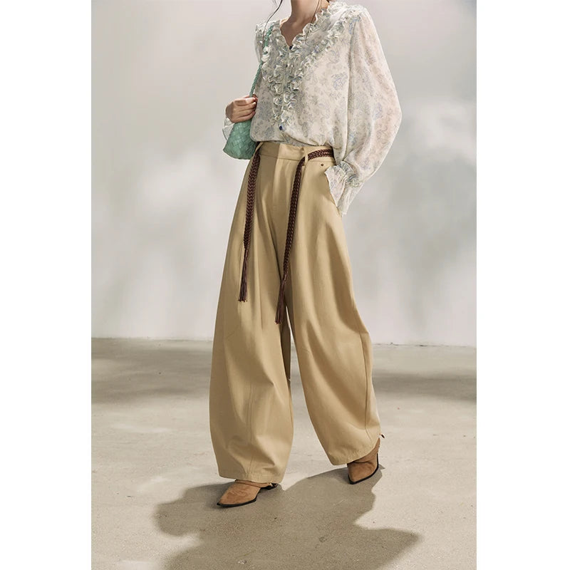 MISHOW Women's Khaki Wide Leg Pants 2026 Spring High Waist Belted Pants Rear Fake Pocket Design Casual Loose Trousers MXF13K1237