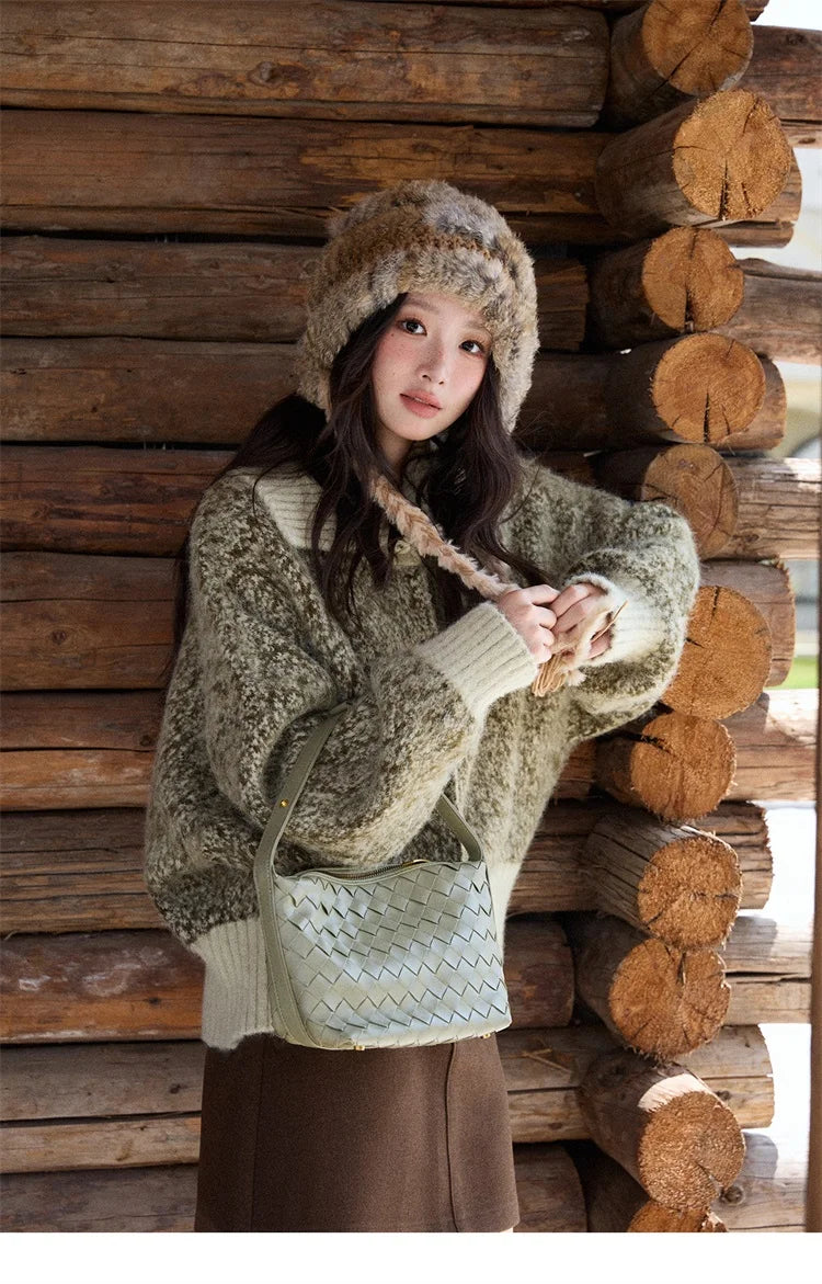 MISHOW Women's Green Retro Mottled Sweater Winter 2025 Casual Stand-up Collar Batwing Sleeves Knitted Cardigan tops MXE90Z2787