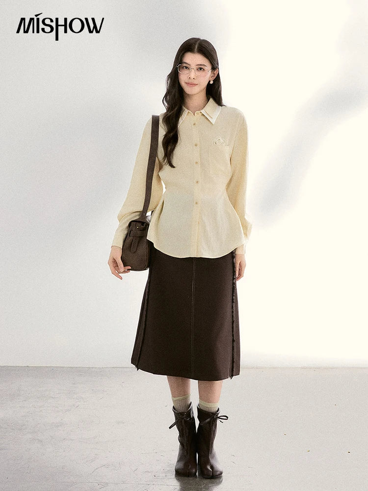 MISHOW Women's Contrast Trim Lapel Collar Shirts 2026 Spring Floral Embroidery Pocket Decor Button Waist Casual Shirt MXF13C2440