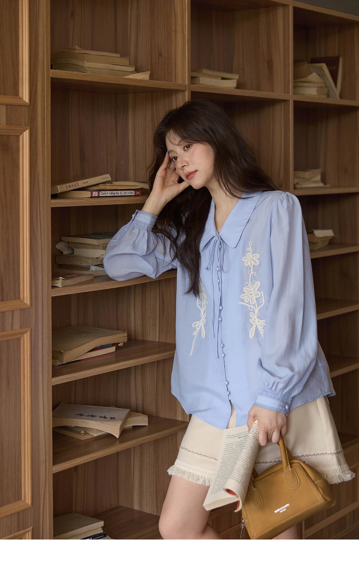 MISHOW Women's 100% Lyocell T-Shirt 2025 Autumn Flower Embroidered Tops Puff Sleeves Lapel Lace-up Shirts Office Lady MXE42C2371