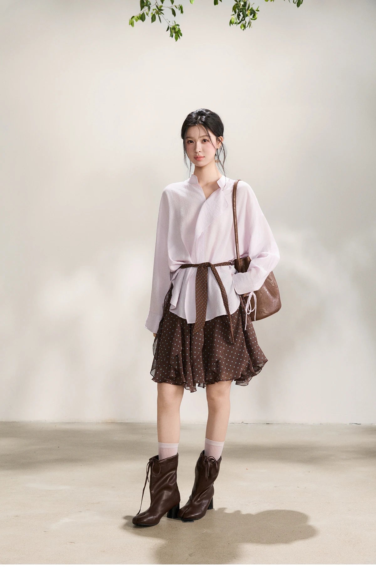 MISHOW Women's Asymmetric V Neck Shirts 2026 Spring Lapel Casual Loose Tie Cuffs Solid Shirt with Polka Dot Ribbon MXF108X1002